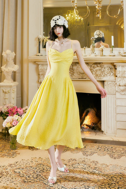 Vestido elegante de fiesta amarillo mantequilla con tirantes finos, corte A, sin espalda, ED02246