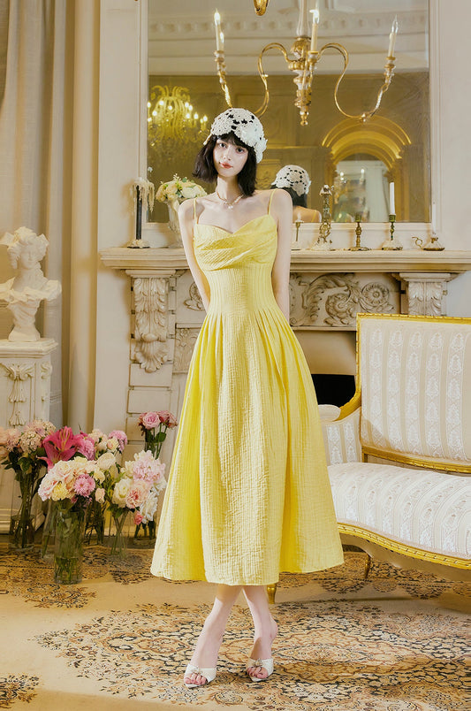 Sweet Butter Yellow Spaghetti Strap A-Line Birthday Dress Elegant Backless Party Dress ED02246