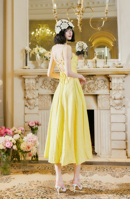 Vestido elegante de fiesta amarillo mantequilla con tirantes finos, corte A, sin espalda, ED02246