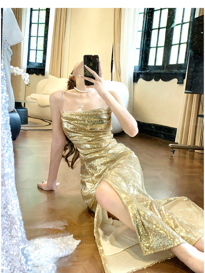 Elegante vestido de noche con tirantes finos y lentejuelas doradas, corte A, espalda descubierta, brillante, para fiesta de cumpleaños ED02247