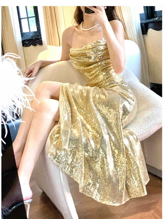 Elegant Gold Sequin Spaghetti Strap A-Line Evening Dress Backless Sparkling Birthday Party Dress ED02247