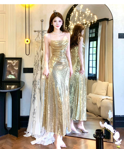 Elegante vestido de noche con tirantes finos y lentejuelas doradas, corte A, espalda descubierta, brillante, para fiesta de cumpleaños ED02247