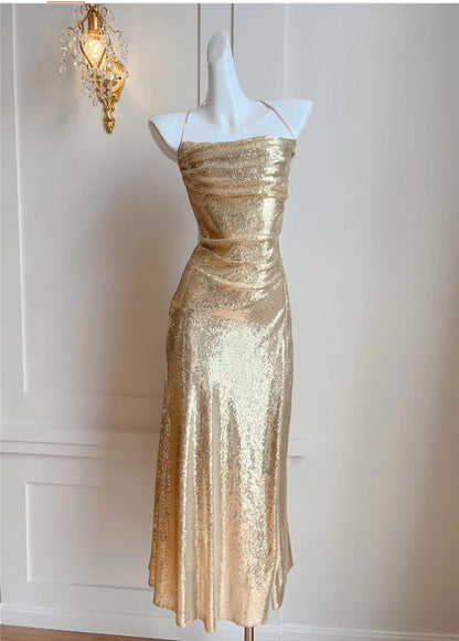 Elegante vestido de noche con tirantes finos y lentejuelas doradas, corte A, espalda descubierta, brillante, para fiesta de cumpleaños ED02247