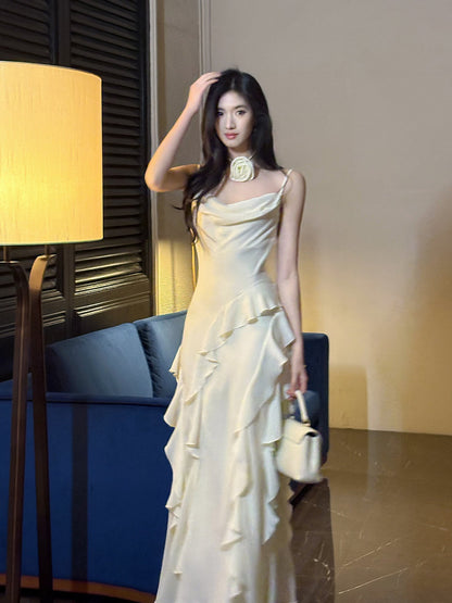 Sweet Birthday Evening Gowns Off-White Spaghetti Straps Chiffon Ruffles A-Line Prom Dresses ED02248