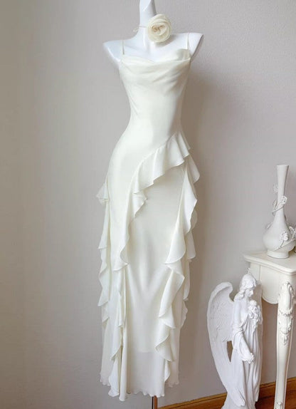 Sweet Birthday Evening Gowns Off-White Spaghetti Straps Chiffon Ruffles A-Line Prom Dresses ED02248