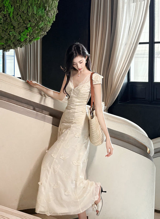 Hollow Butterfly Embroidery Dress French Summer Vacation Waist Gentle Dress ED02249