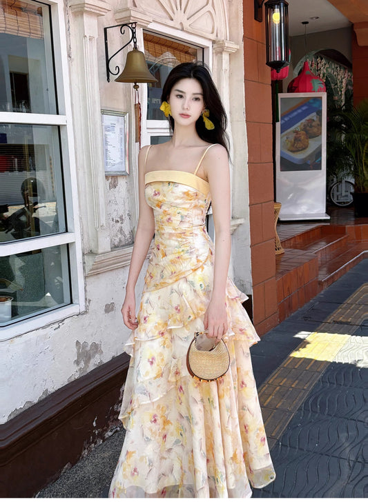 Sweet French Ruffle Print Spaghetti Strap Dress Fashion Mermaid Party Dress ED02250
