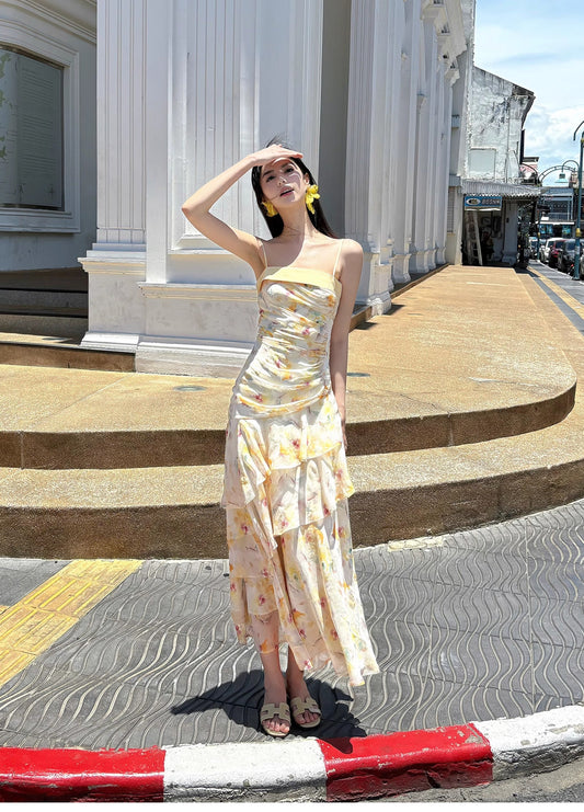 Sweet French Ruffle Print Spaghetti Strap Dress Fashion Mermaid Party Dress ED02250