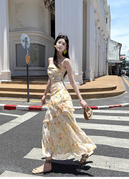 Sweet French Ruffle Print Spaghetti Strap Dress Fashion Mermaid Party Dress ED02250