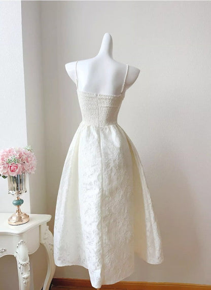 Pretty Moonlight White Strapless A-Line Jacquard Satin Evening Gowns Elegant Birthday Prom Dresses ED02252