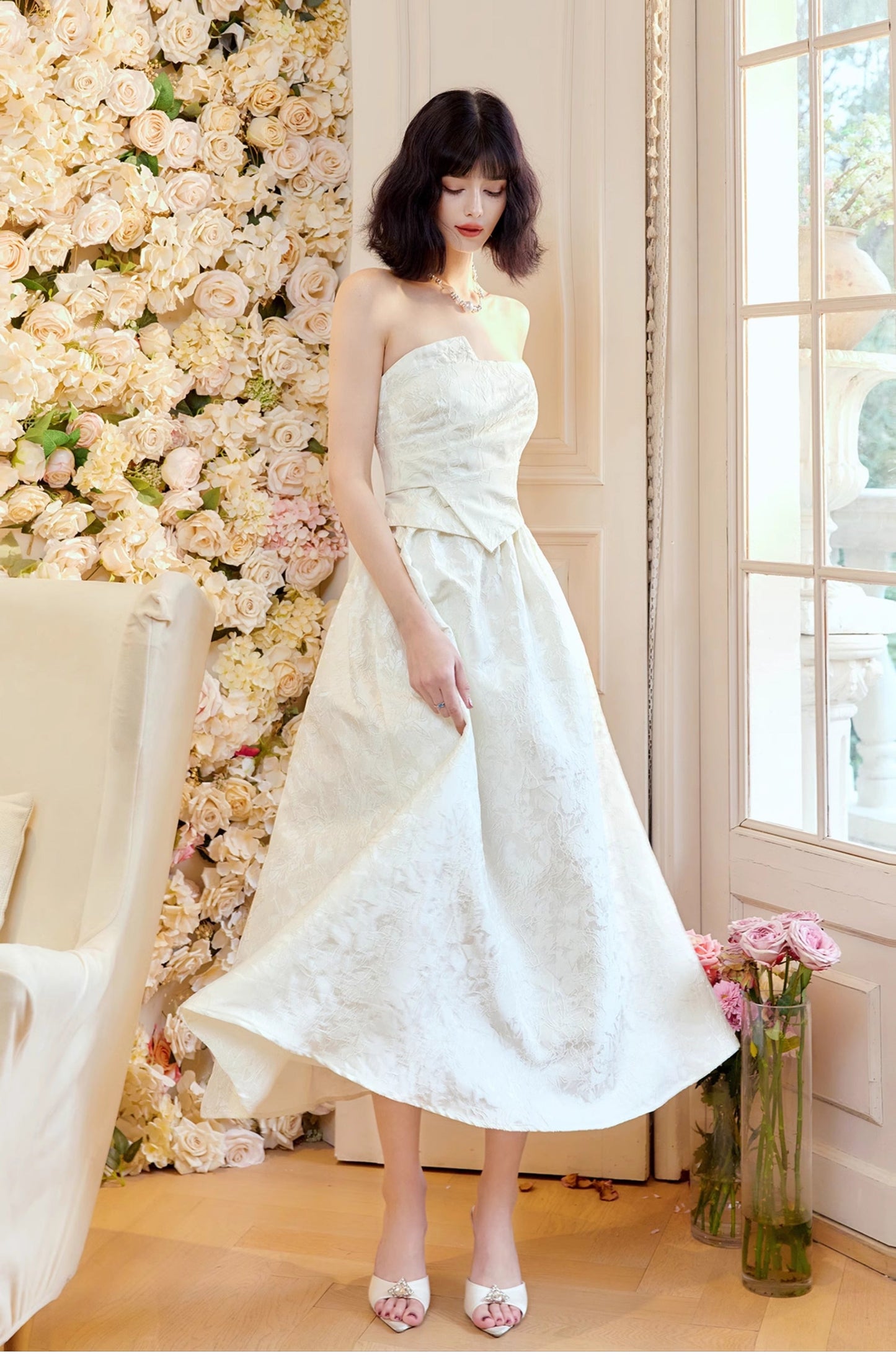 Pretty Moonlight White Strapless A-Line Jacquard Satin Evening Gowns Elegant Birthday Prom Dresses ED02252