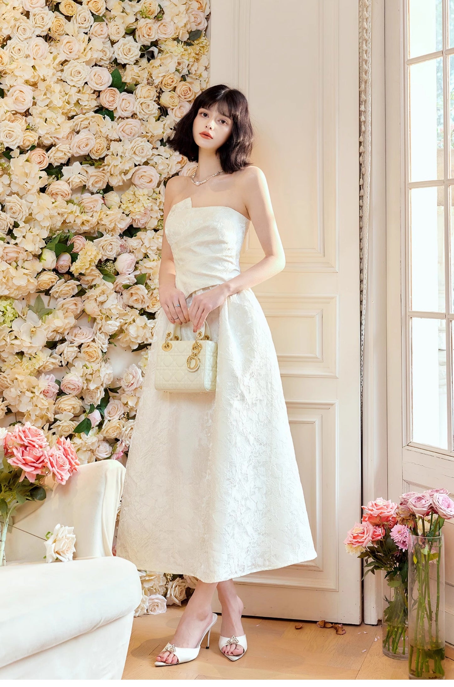 Pretty Moonlight White Strapless A-Line Jacquard Satin Evening Gowns Elegant Birthday Prom Dresses ED02252