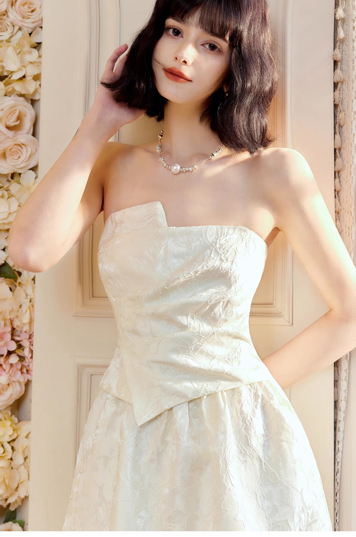 Pretty Moonlight White Strapless A-Line Jacquard Satin Evening Gowns Elegant Birthday Prom Dresses ED02252