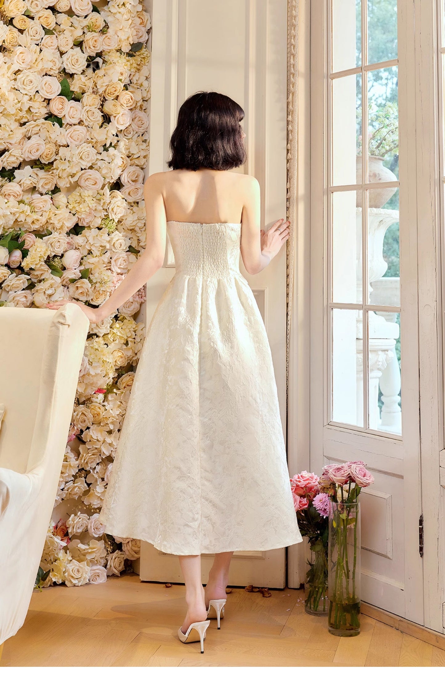 Pretty Moonlight White Strapless A-Line Jacquard Satin Evening Gowns Elegant Birthday Prom Dresses ED02252