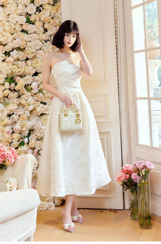 Pretty Moonlight White Strapless A-Line Jacquard Satin Evening Gowns Elegant Birthday Prom Dresses ED02252
