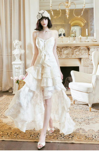 Vestido de fiesta de cumpleaños de gasa con volantes y tirantes finos en color albaricoque claro ED02253