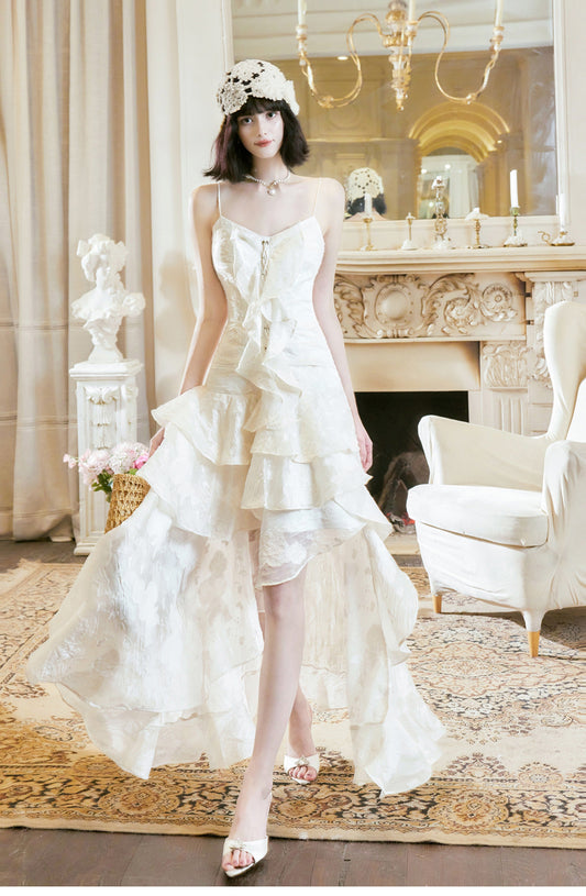 Sweet Light Apricot Spaghetti Strap Chiffon Ruffle Hi-Lo Birthday Party Dress ED02253