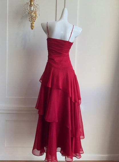 Hermoso vestido de fiesta de cumpleaños estilo retro rojo con tirantes finos de gasa y volantes, corte A, ED02254