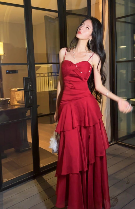 Retro Red Spaghetti Strap Chiffon Ruffles A-Line Prom Dresses Gorgeous Birthday Party Dress ED02254