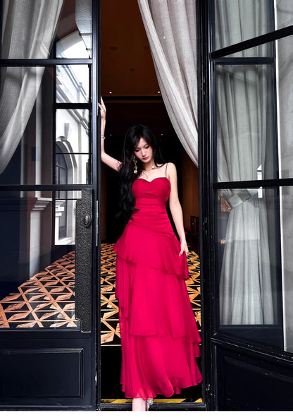 Hermoso vestido de fiesta de cumpleaños estilo retro rojo con tirantes finos de gasa y volantes, corte A, ED02254