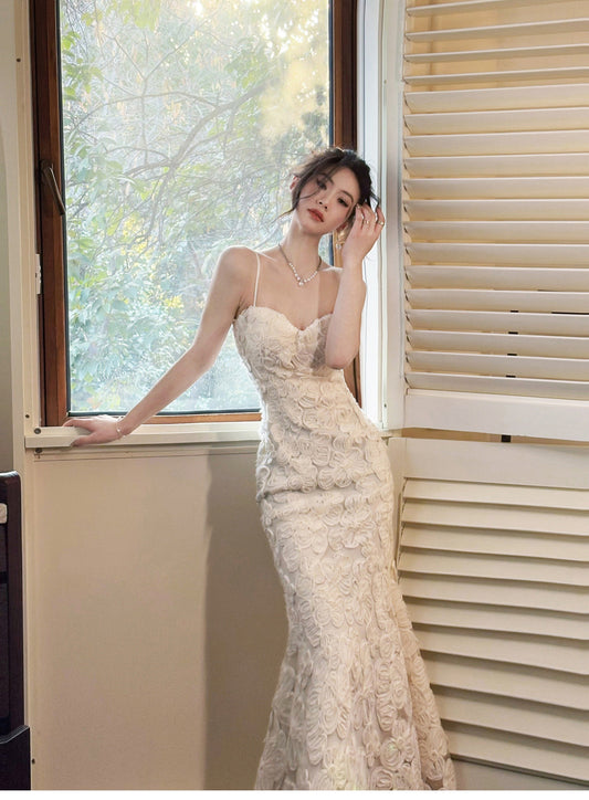 White Elegant 3D Flower Embroidery Spaghetti Straps Mermaid Birthday Party Dress ED02255
