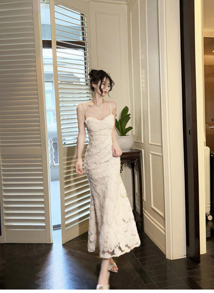 Vestido elegante de fiesta de cumpleaños de sirena con tirantes finos y bordado de flores 3D blanco ED02255