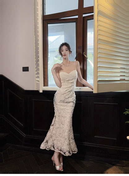 Vestido elegante de fiesta de cumpleaños de sirena con tirantes finos y bordado de flores 3D blanco ED02255