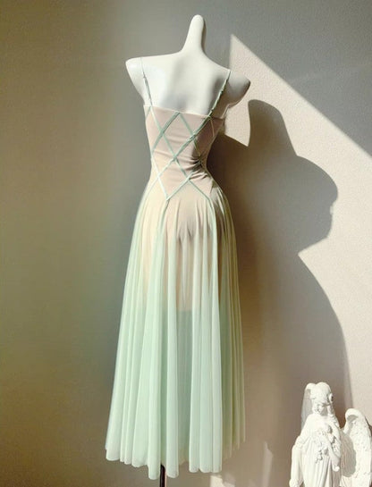 Fairytale Green Tulle Spaghetti Strap A-Line Birthday Prom Dress Sweet 16 Evening Gowns ED02256