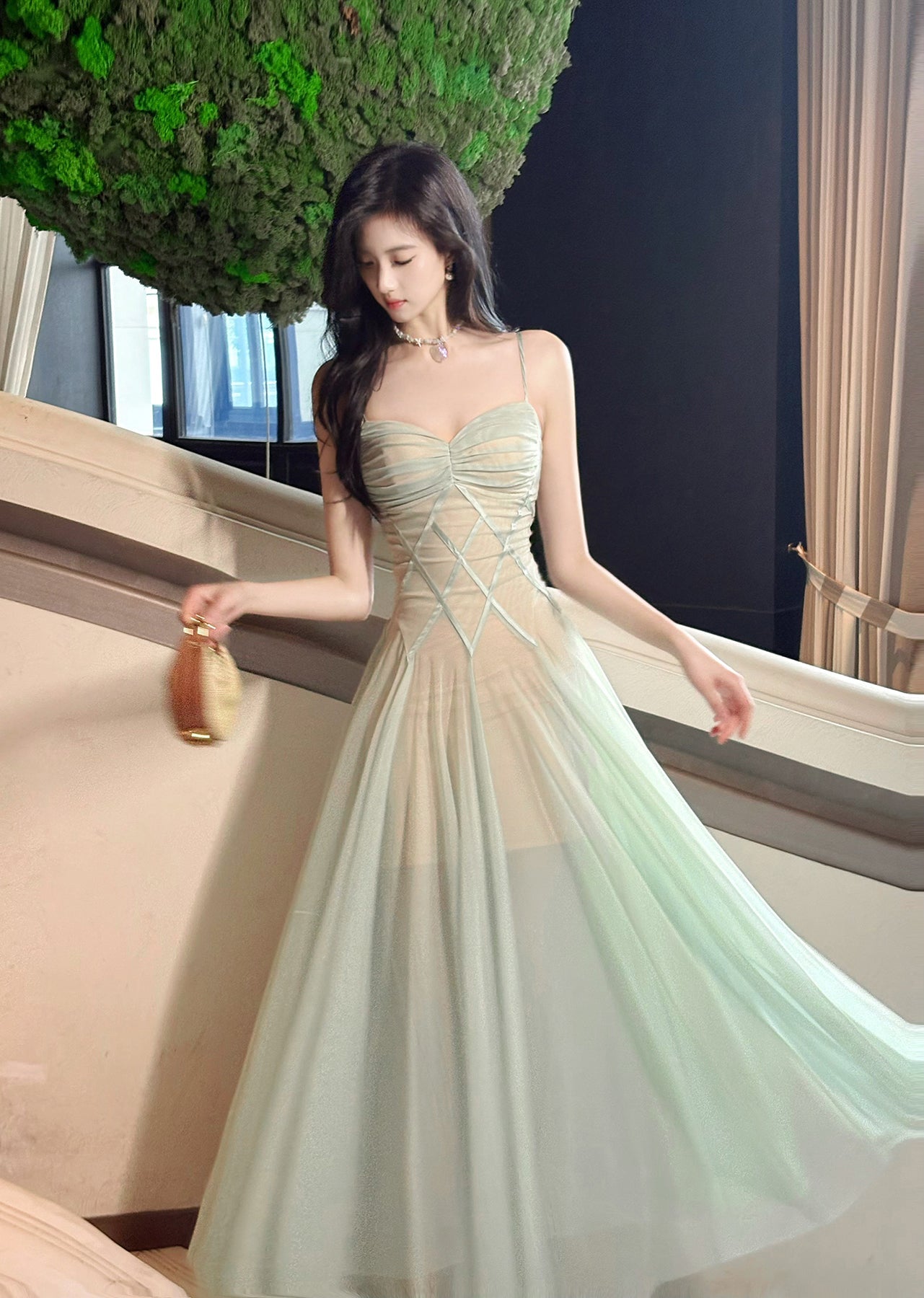 Fairytale Green Tulle Spaghetti Strap A-Line Birthday Prom Dress Sweet 16 Evening Gowns ED02256