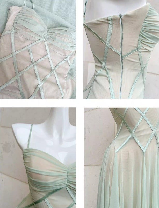 Fairytale Green Tulle Spaghetti Strap A-Line Birthday Prom Dress Sweet 16 Evening Gowns ED02256