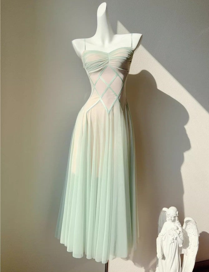 Fairytale Green Tulle Spaghetti Strap A-Line Birthday Prom Dress Sweet 16 Evening Gowns ED02256