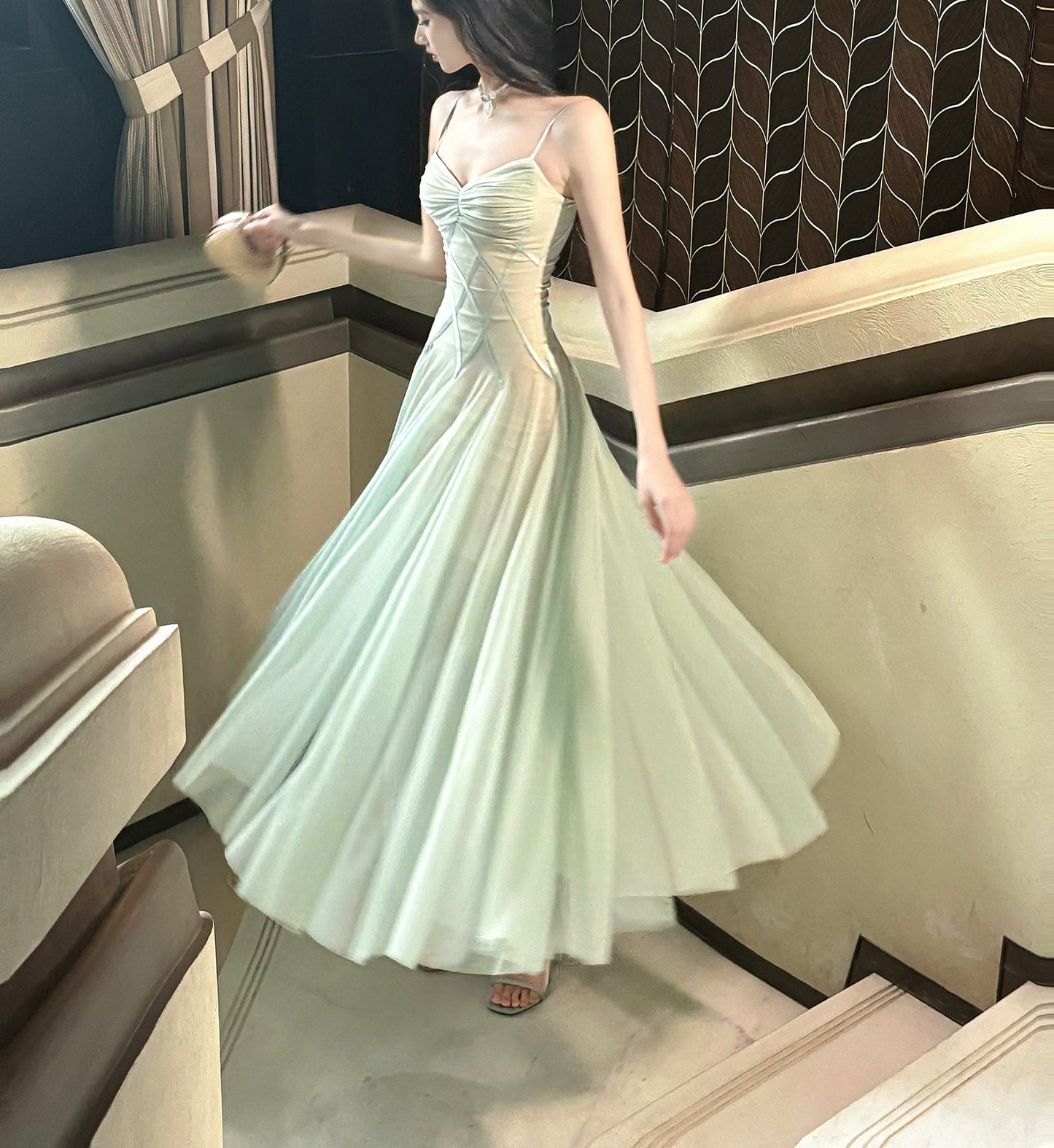 Fairytale Green Tulle Spaghetti Strap A-Line Birthday Prom Dress Sweet 16 Evening Gowns ED02256
