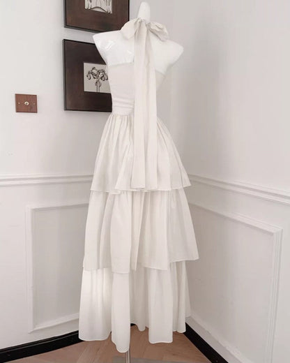 Vestido de fiesta blanco de gasa con cuello halter y corte A en capas ED02257