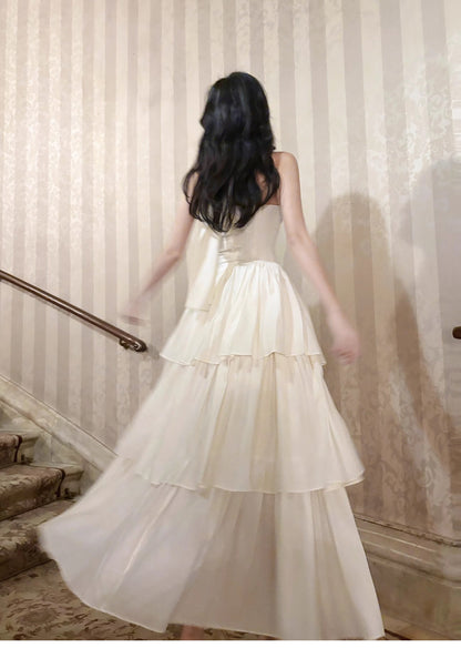 Vestido de fiesta blanco de gasa con cuello halter y corte A en capas ED02257