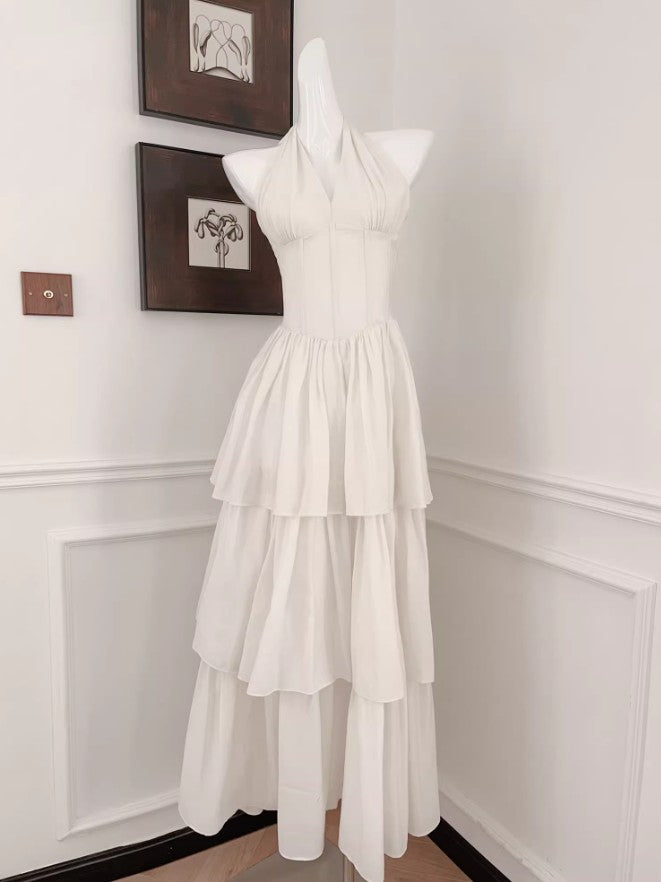 Vestido de fiesta blanco de gasa con cuello halter y corte A en capas ED02257