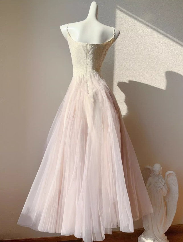 Vestido de fiesta de tul con tirantes finos, color rosa y morado, con encaje ED02258