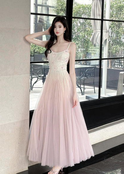 Vestido de fiesta de tul con tirantes finos, color rosa y morado, con encaje ED02258