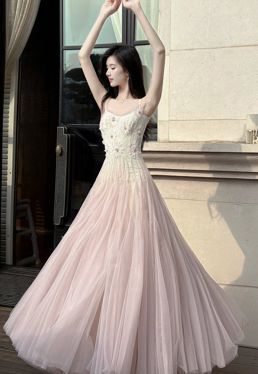 Sweet Pink Purple Lace Tulle Spaghetti Strap A-Line Prom Dresses ED02258