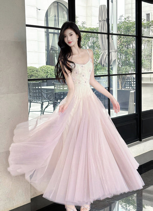 Sweet Pink Purple Lace Tulle Spaghetti Strap A-Line Prom Dresses ED02258