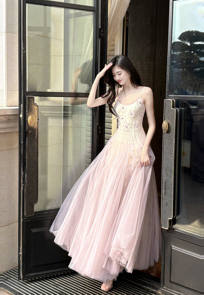 Vestido de fiesta de tul con tirantes finos, color rosa y morado, con encaje ED02258