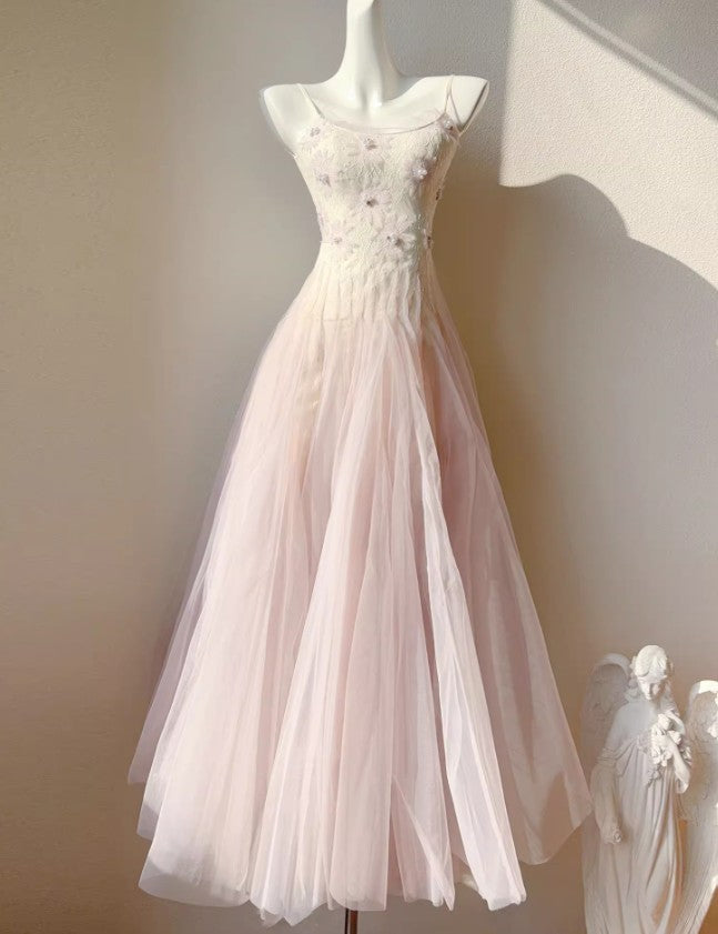 Vestido de fiesta de tul con tirantes finos, color rosa y morado, con encaje ED02258