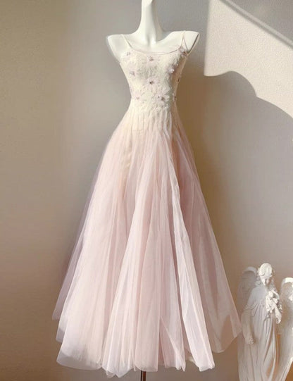 Vestido de fiesta de tul con tirantes finos, color rosa y morado, con encaje ED02258
