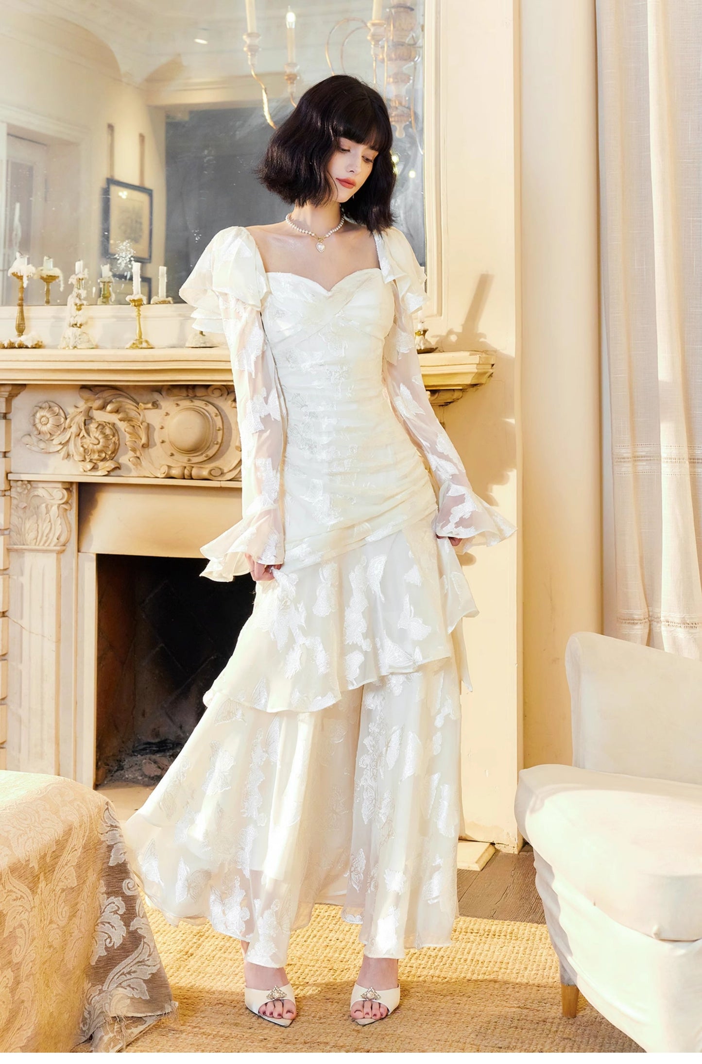 Elegant Light Apricot Chiffon Jacquard Long Sleeves Ruffled Evening Dress ED02259