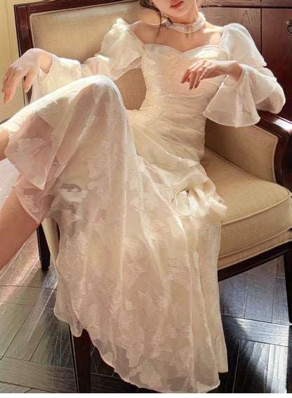Elegant Light Apricot Chiffon Jacquard Long Sleeves Ruffled Evening Dress ED02259