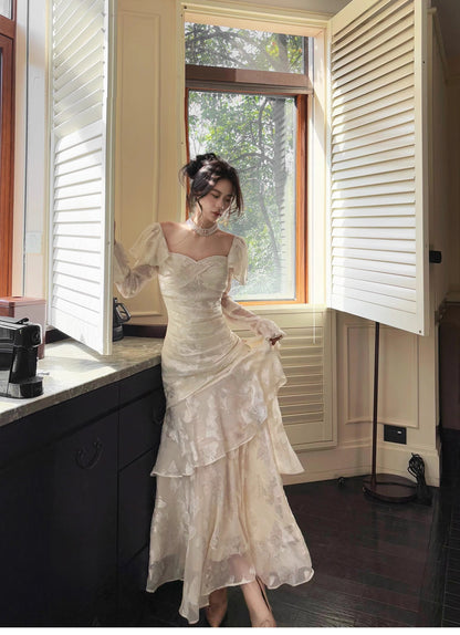 Elegant Light Apricot Chiffon Jacquard Long Sleeves Ruffled Evening Dress ED02259