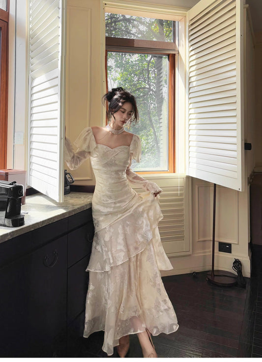 Elegant Light Apricot Chiffon Jacquard Long Sleeves Ruffled Evening Dress ED02259