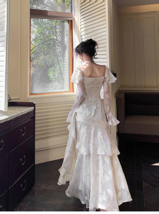 Elegant Light Apricot Chiffon Jacquard Long Sleeves Ruffled Evening Dress ED02259