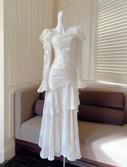 Elegant Light Apricot Chiffon Jacquard Long Sleeves Ruffled Evening Dress ED02259