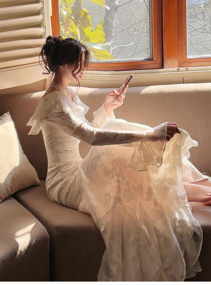 Elegant Light Apricot Chiffon Jacquard Long Sleeves Ruffled Evening Dress ED02259