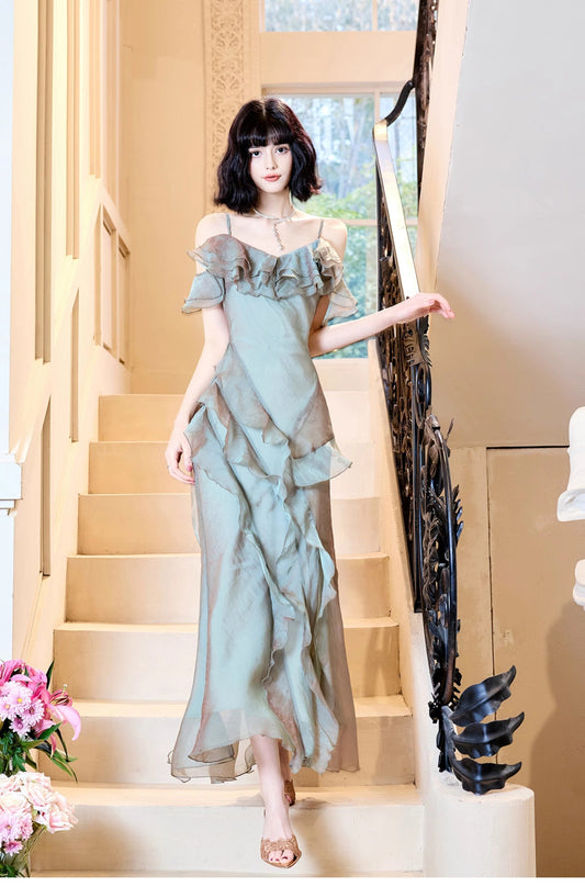 French Elegant Spaghetti Straps Ruffled Tulle Sheath Evening Dress ED02261